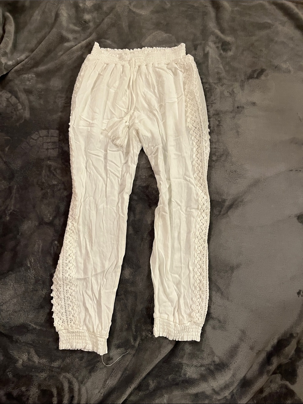 Ocean Drive White Crochet-Trim Track Pants